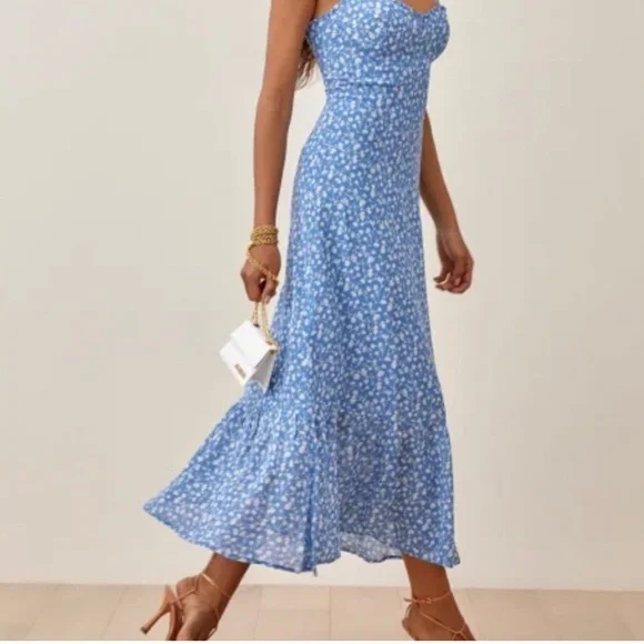 Reformation Blue Floral Tie Strap Midi Dress Size 8 Smocked Back Viscose - Picture 2 of 14